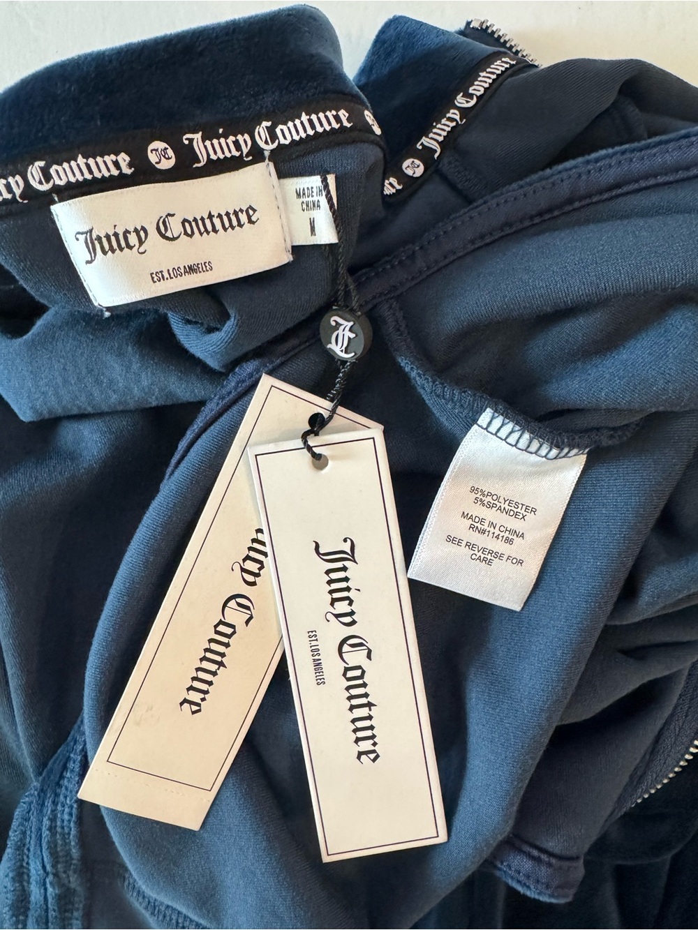 Juicy Couture Velour Cutout Jumpsuit Navy Rhinestone Logo Long Sleeves- size M - Picture 9 of 15